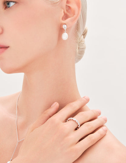 Freshwater Pearl & Crystal Studs In Silver
