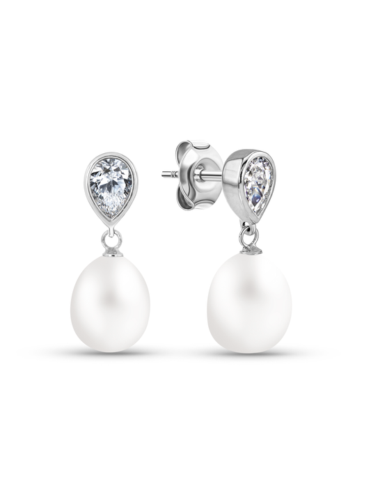 Freshwater Pearl & Crystal Studs In Silver