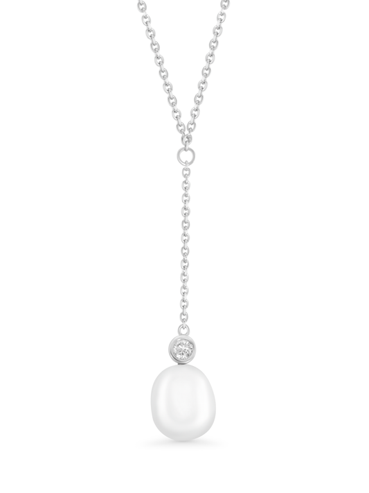 FRESHWATER PEARL DROP CHAIN NECKLACE IN SILVER