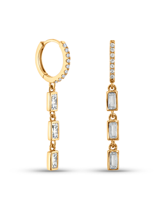 Triple Baguette Drop Hoops In Gold