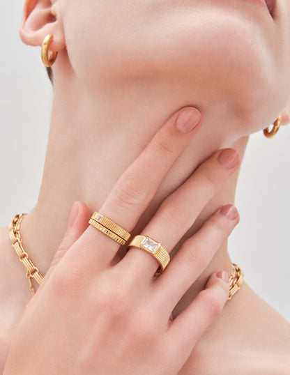 Ridged Baguette Crystal Stacking Ring In Gold