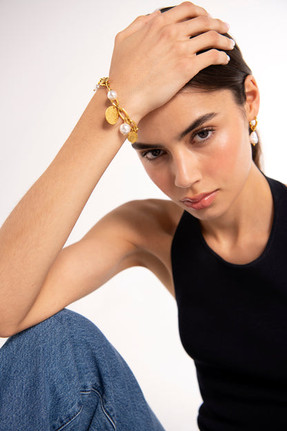 Chunky Disc & Pearl Charm Bracelet