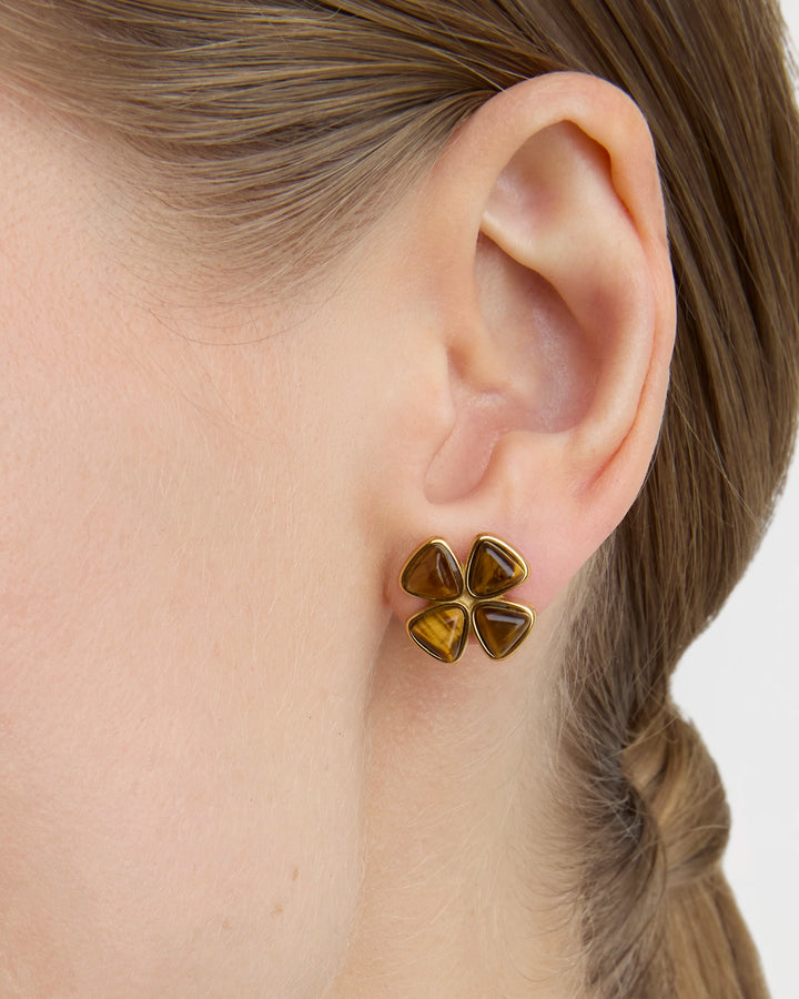 Tiger's Eye Four-Petal Studs in Gold