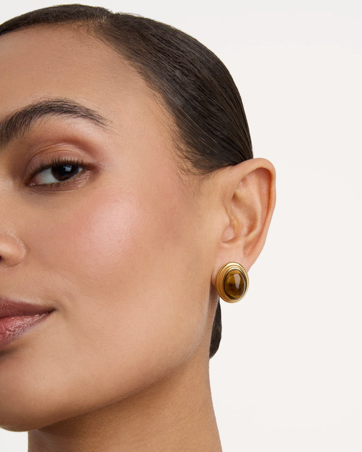 Round Tiger's Eye Studs in Gold