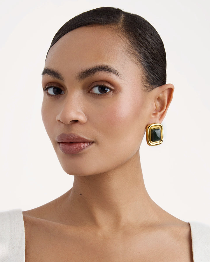 Green Semi-Precious Stone Statement Studs in Gold