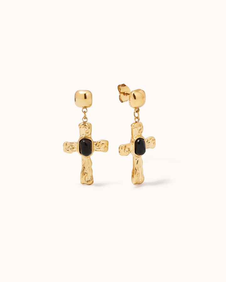 Semi-Precious Cross Drop Studs in Black