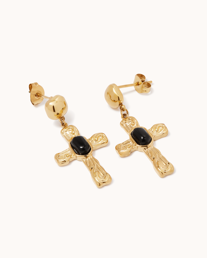 Semi-Precious Cross Drop Studs in Black