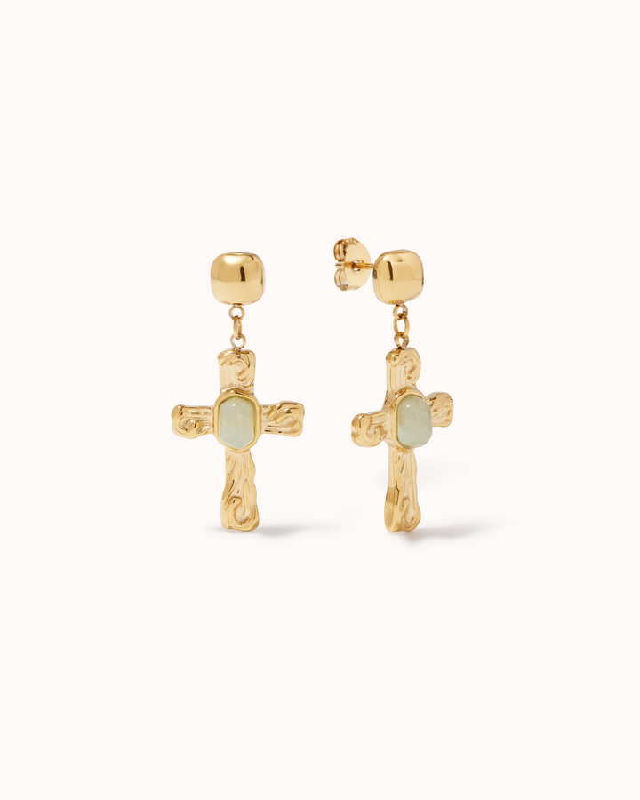 Semi-Precious Cross Drop Studs in Green