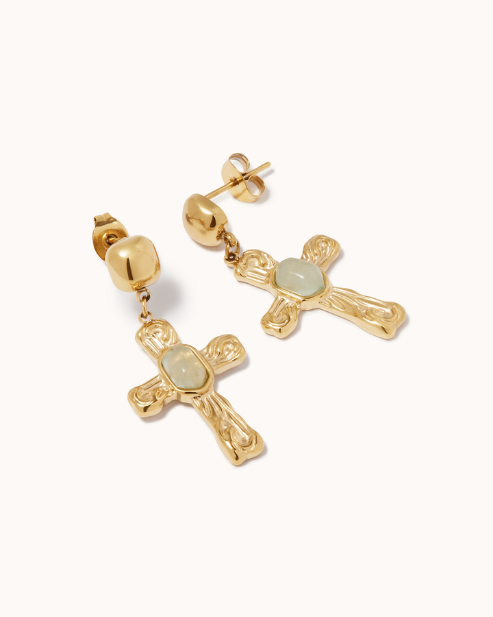 Semi-Precious Cross Drop Studs in Green