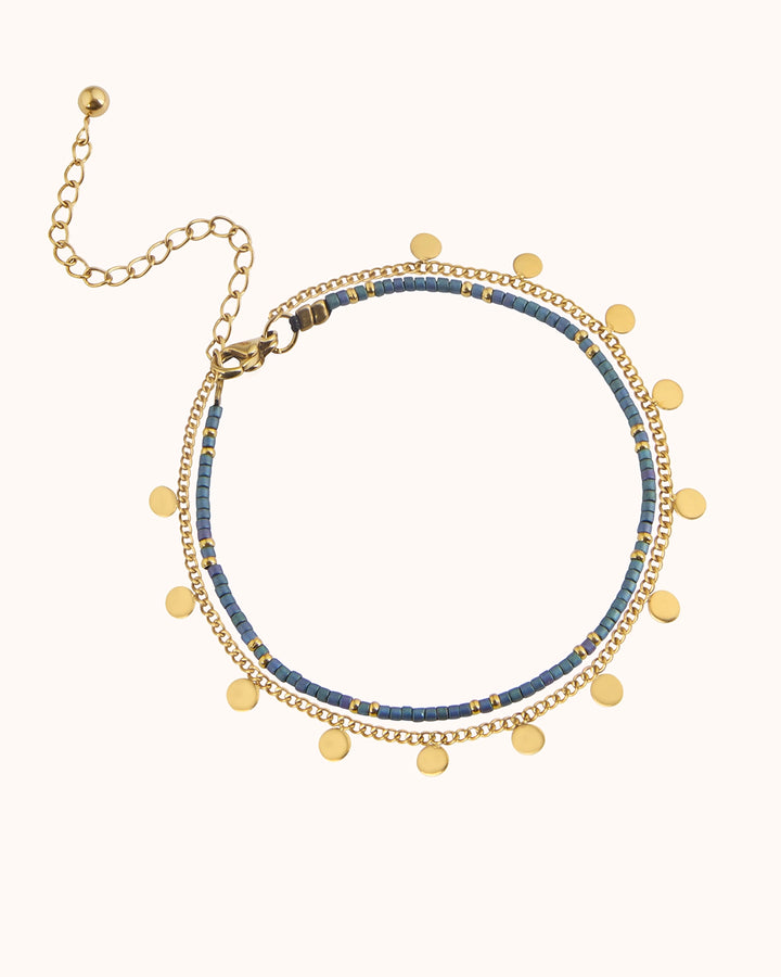 Waterproof Double Chain Beaded Bracelet in Gold