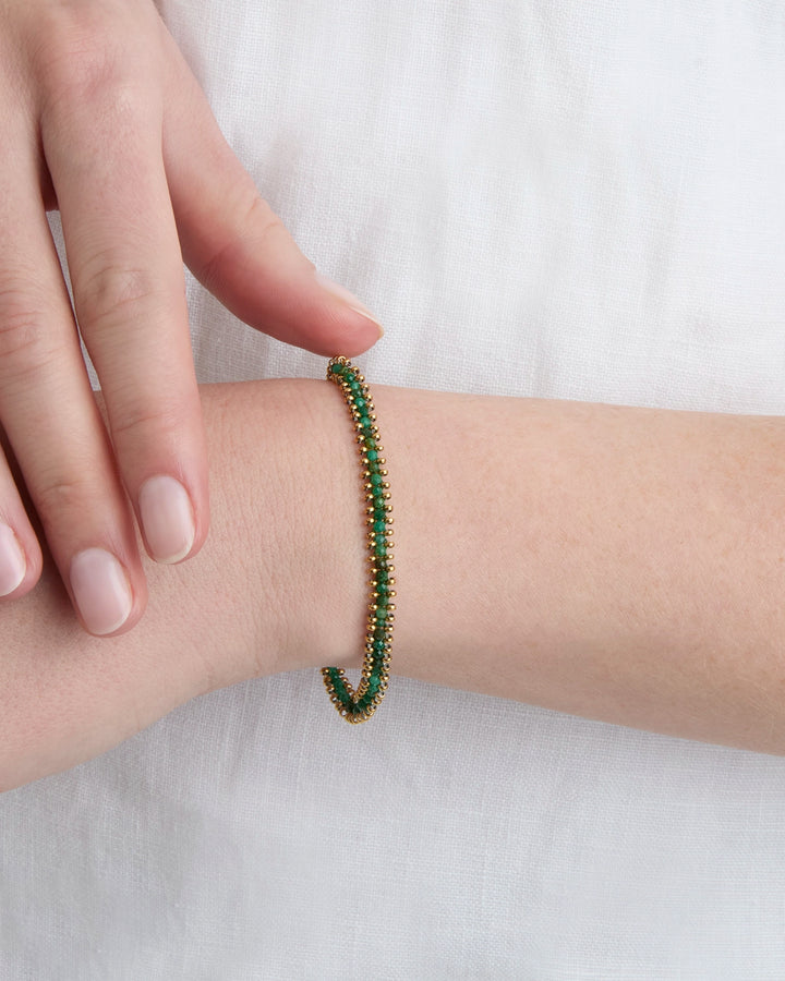 Waterproof Green Beaded Chain Bracelet in Gold