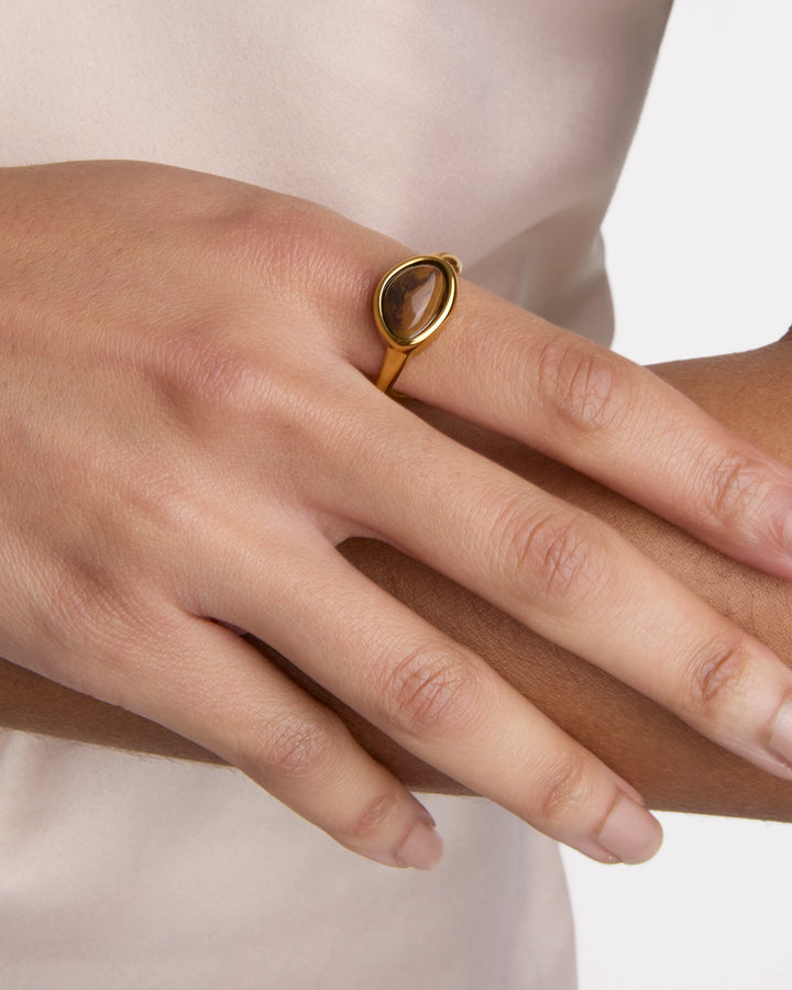 Brown Beaded Ring in Gold