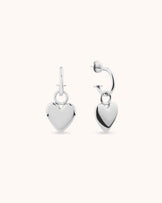 Heart Charm Drop Hoops in Silver
