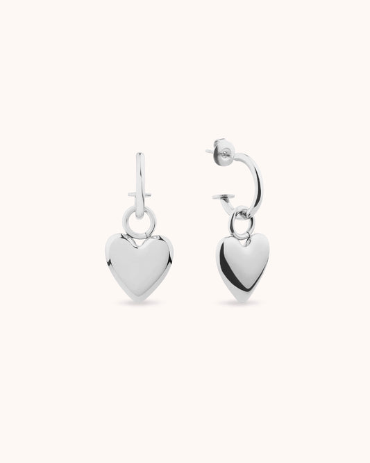 Heart Charm Drop Hoops in Silver