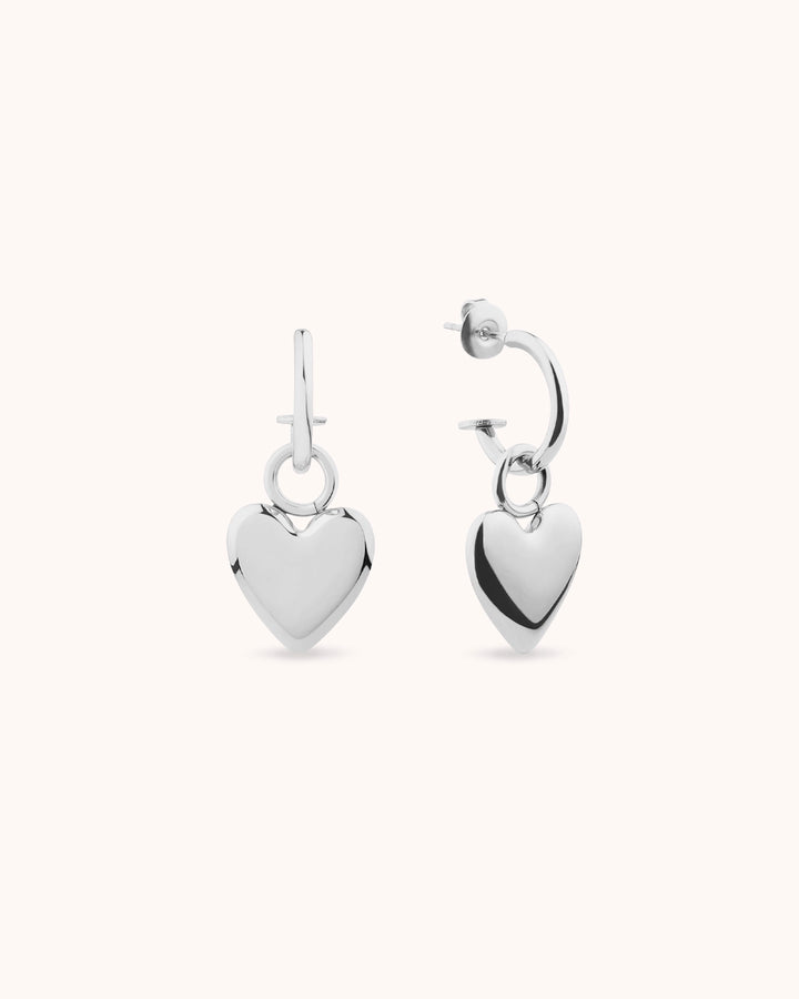 Heart Charm Drop Hoops in Silver