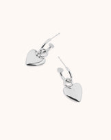 Heart Charm Drop Hoops in Silver