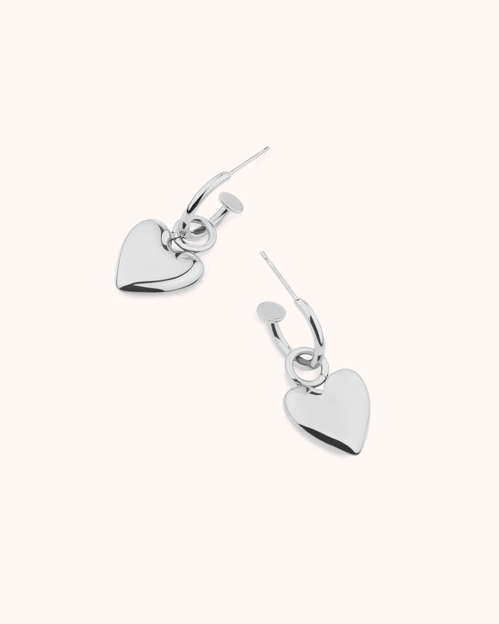 Heart Charm Drop Hoops in Silver