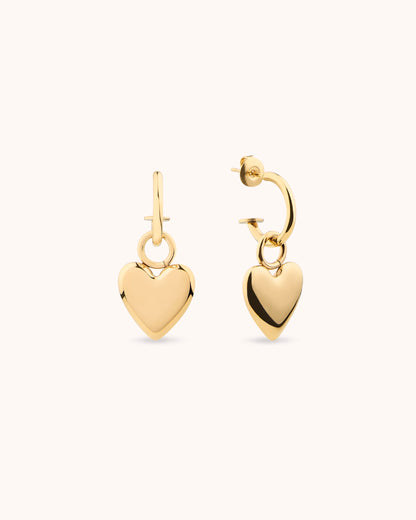 Heart Charm Drop Hoops in Gold