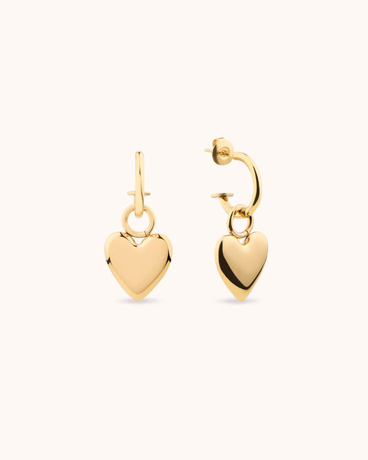 Heart Charm Drop Hoops in Gold