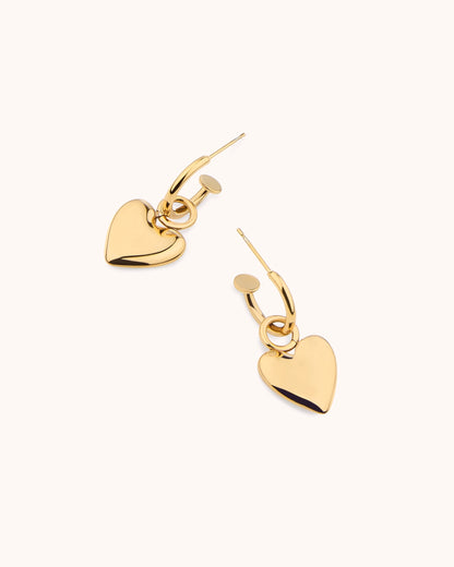Heart Charm Drop Hoops in Gold