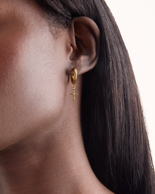 Waterproof Cross Drop Huggie Earrings in Gold