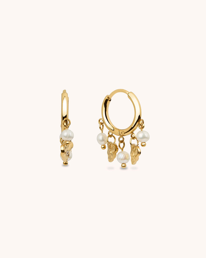 Freshwater Pearl Heart Charm Huggie Earrings in Gold