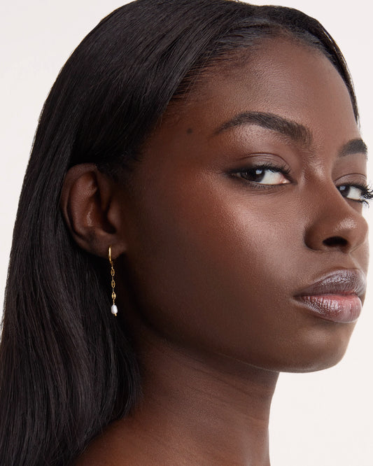 Waterproof Freshwater Pearl Chain Drop Huggie Earrings in Gold