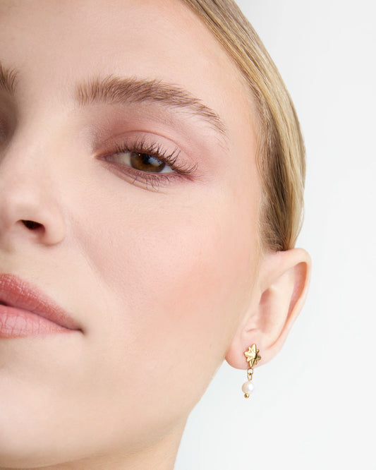 Waterproof Freshwater Pearl Celestial Drop Earrings in Gold