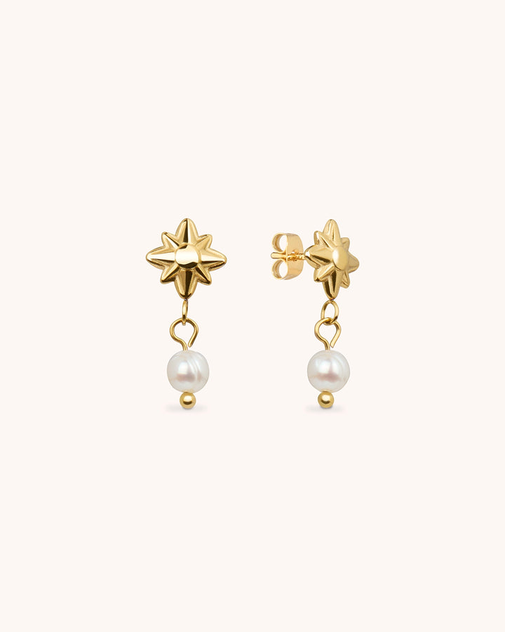 Waterproof Freshwater Pearl Celestial Drop Earrings in Gold