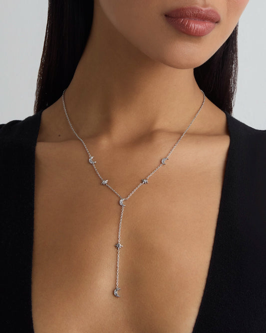 Waterproof Star and Moon Lariat Necklace in Silver
