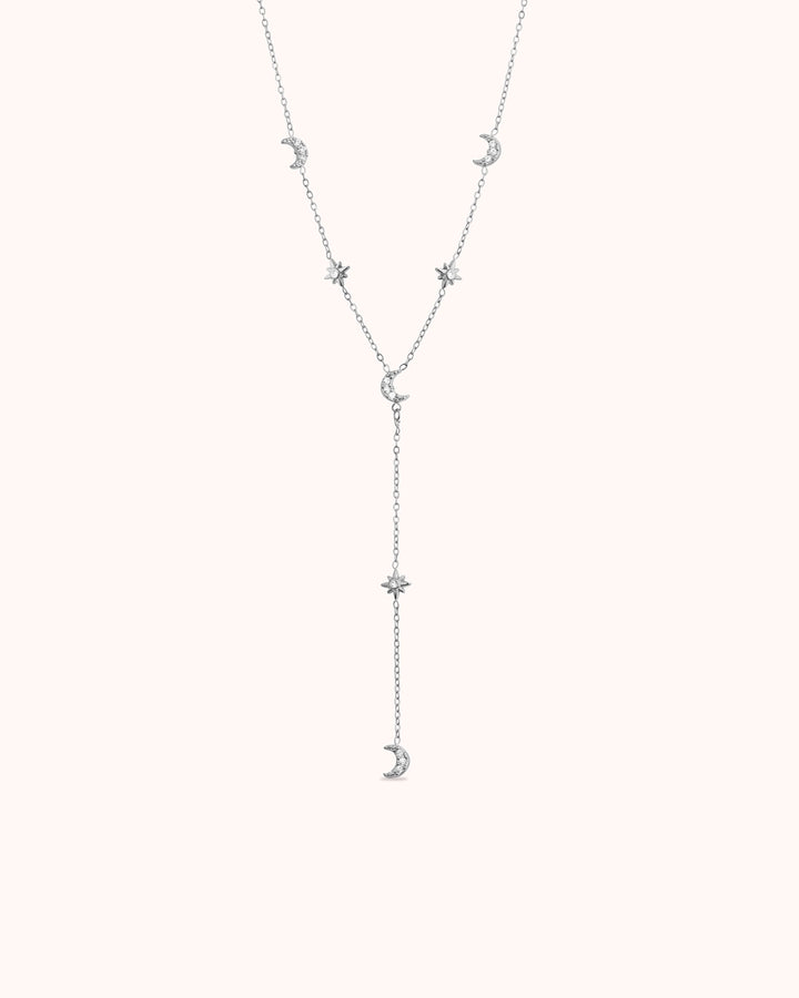 Waterproof Star and Moon Lariat Necklace in Silver