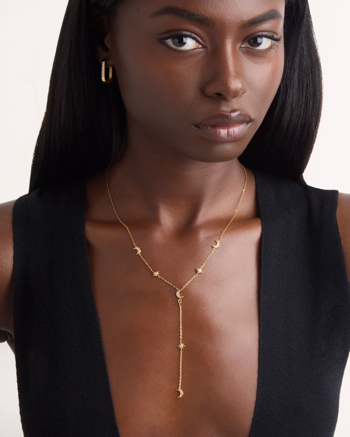 Waterproof Star and Moon Lariat Necklace in Gold
