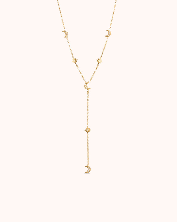 Waterproof Star and Moon Lariat Necklace in Gold