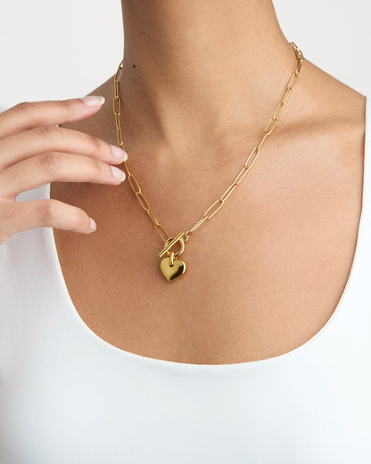 Waterproof Heart T-Bar Pendant Necklace in Gold