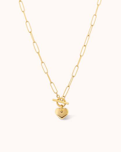 Waterproof Heart T-Bar Pendant Necklace in Gold