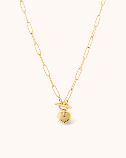 Waterproof Heart T-Bar Pendant Necklace in Gold