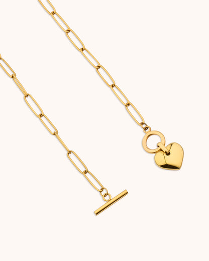 Waterproof Heart T-Bar Pendant Necklace in Gold