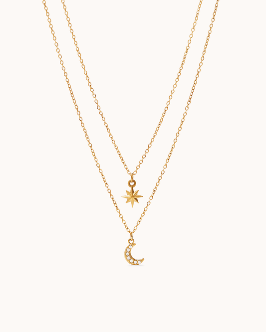 Waterproof Star & Moon Double Layer Necklace in Gold
