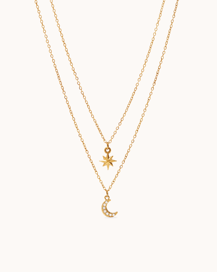 Waterproof Star & Moon Double Layer Necklace in Gold