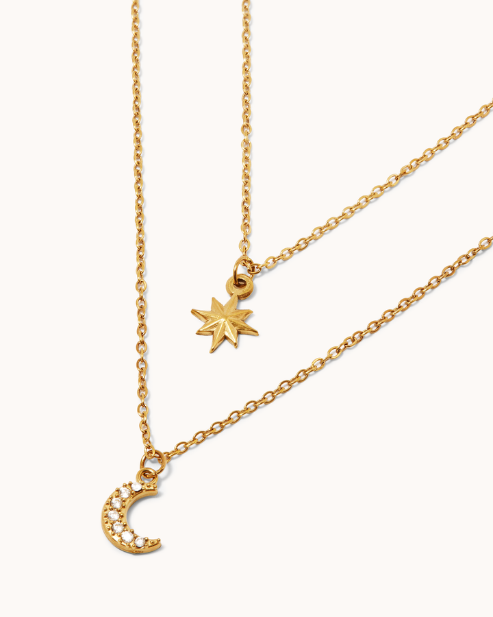 Waterproof Star & Moon Double Layer Necklace in Gold