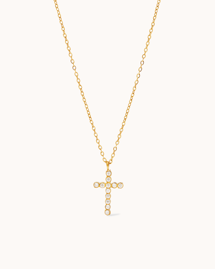 Round Cubic Zirconia Cross Pendant Necklace in Gold