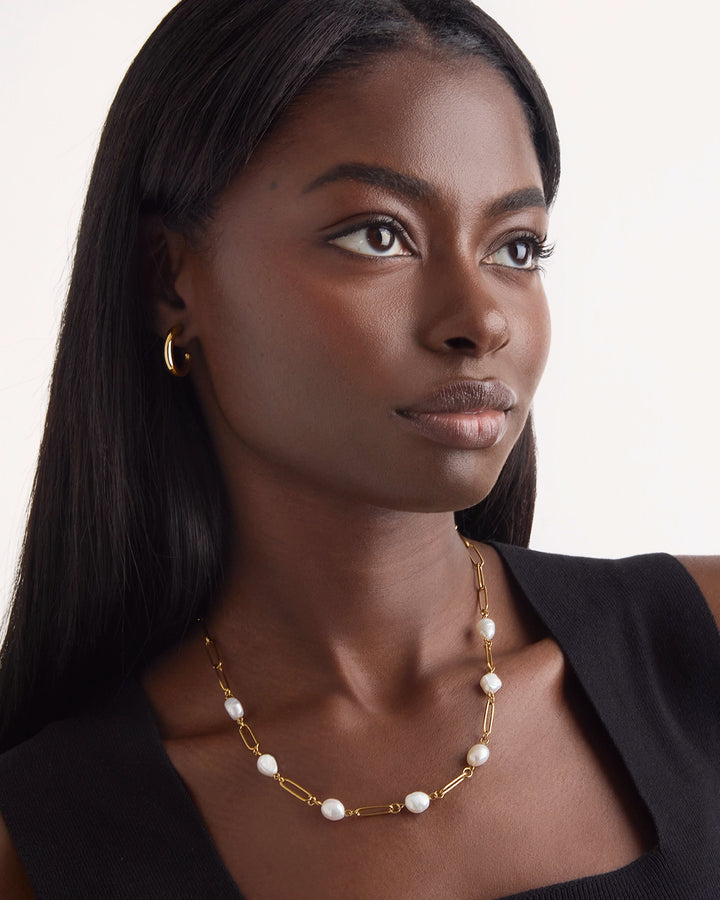 Freshwater Pearl Mixed Chain Necklace in Gold