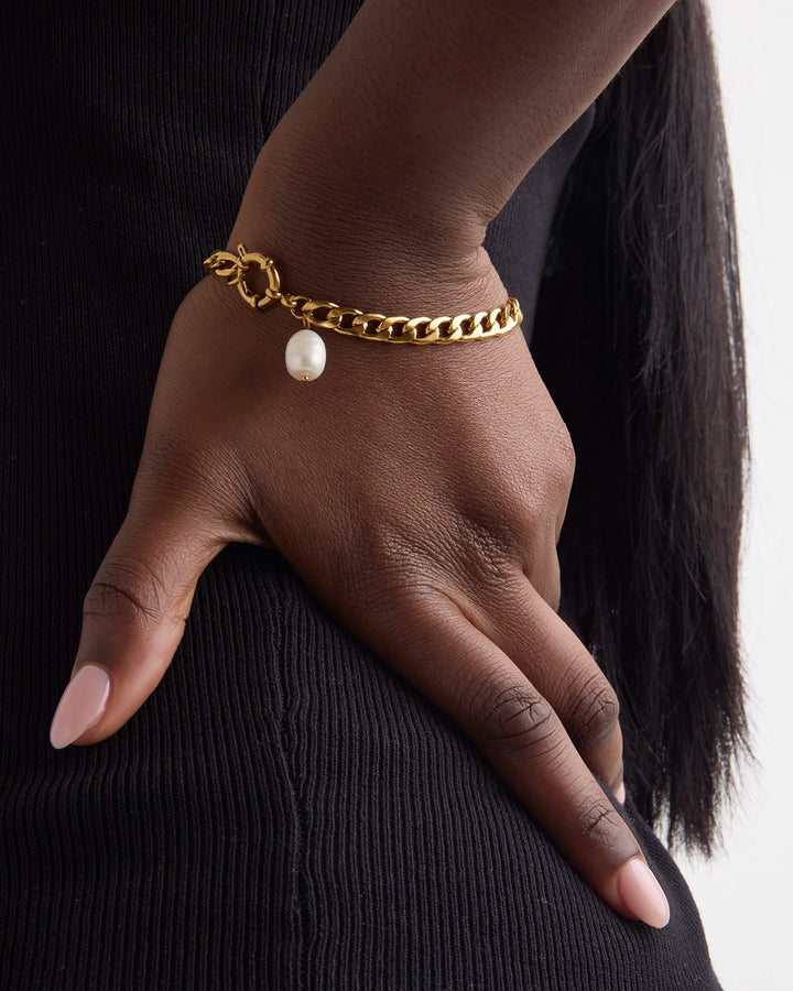 Waterproof Freshwater Pearl Chunky Chain Bracelet in Gold