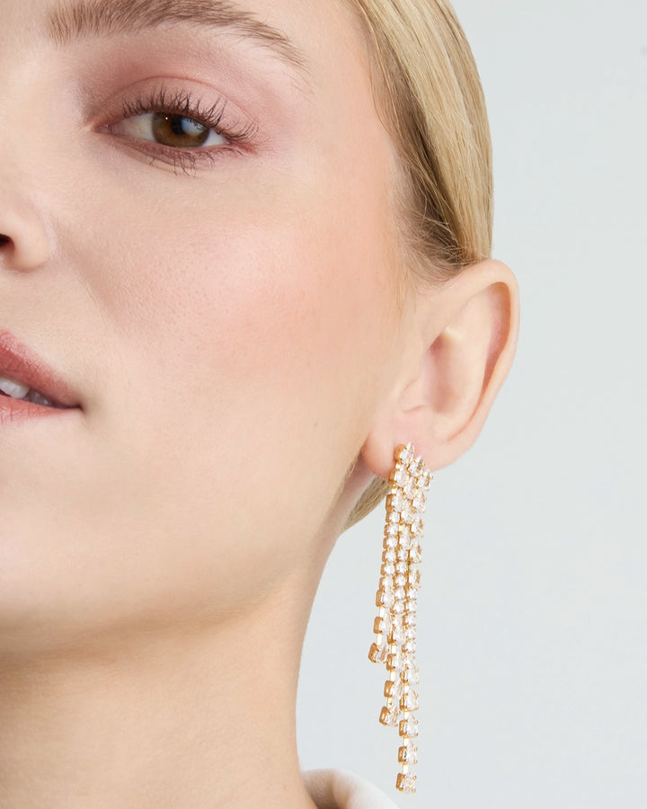 Triple Row Cubic Zirconia Statement Earrings in Gold