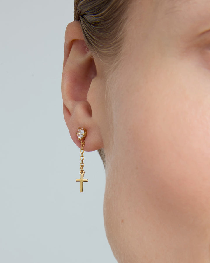 Cross Drop Chain Earrings in Gold