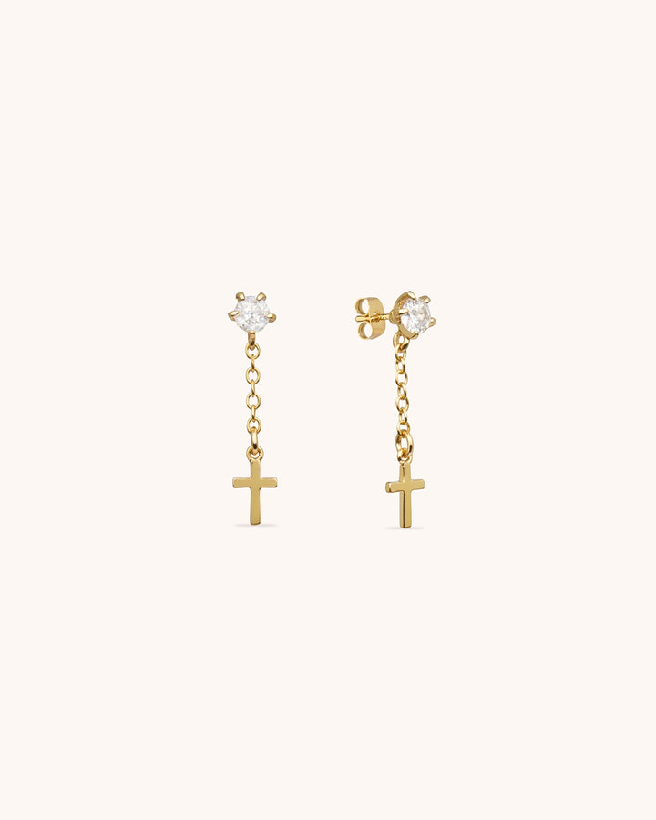 Cross Drop Chain Earrings in Gold