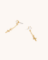 Cross Drop Chain Earrings in Gold