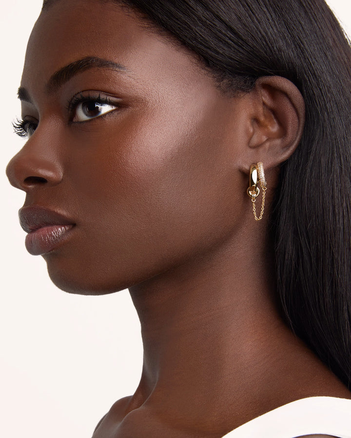 Double Chain Drop Hoop Earrings in Gold
