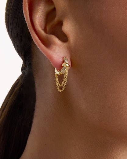Cubic Zirconia Chain Drop Hoop Earrings in Gold