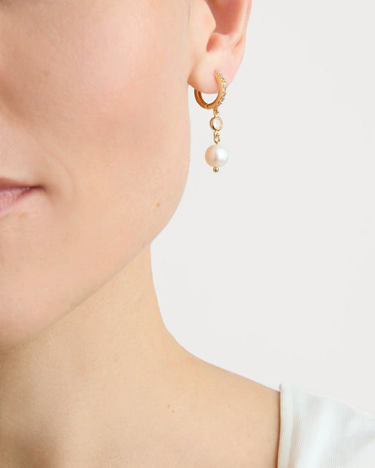 Pearl Drop Hoop Earrings in Gold